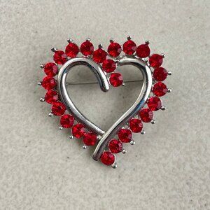 Vintage Heart Brooch Red Clear Crystal Valentine Pin Shiny Large Heart Shape
